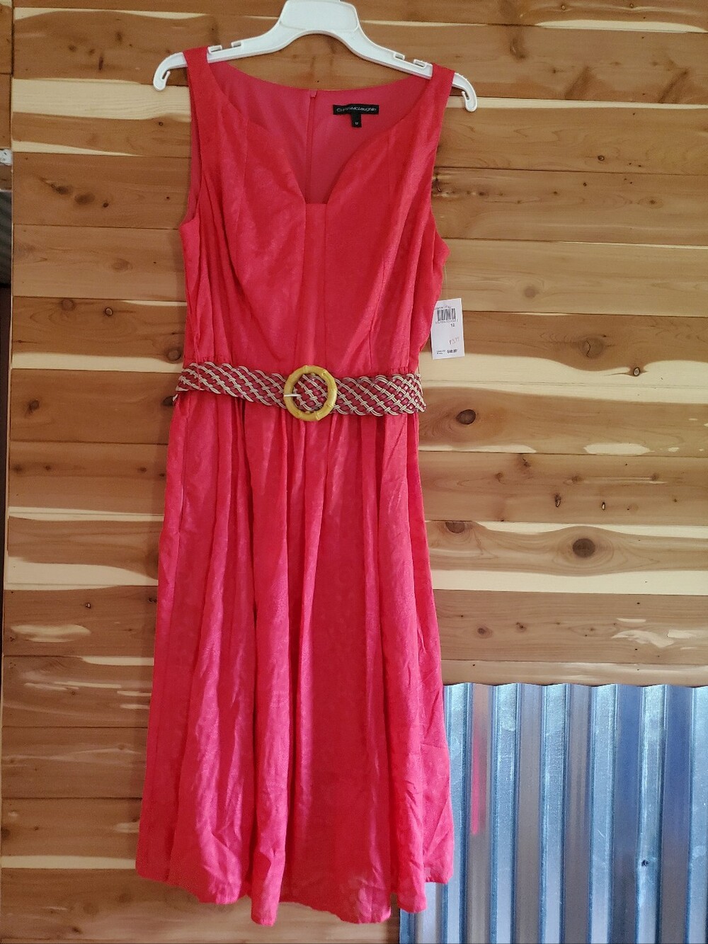 Coral Pink Sleeveless Midi Dress with Braided Belt